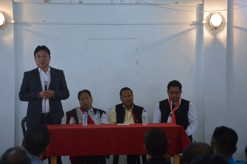 INC candidate Alem Jongshi Longkumer speaking at the “Common Platform” for candidates for the 26 Aonglenden AC Bye-election organized by Dilong Ward Yimten, Mokokchung, March 30. (Morung Photo)